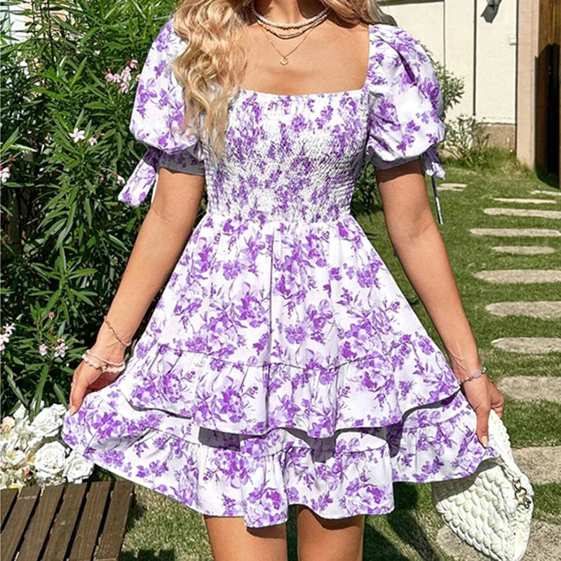 Women Puff Sleeve Square Neck Ruched Bohemian Floral Print off Shoulder Ruffle Dress