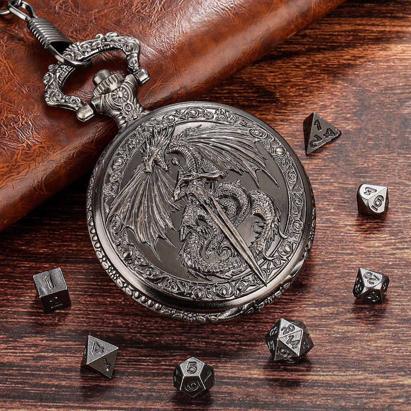 DND Style Mythical Winged Beast Sword Holding Relief Case, Retro Dice Storage Set, Desktop RPG Fantasy Accessories, High Quality Zinc Alloy DND Dice Suitable for Desktop RPG and Board Games