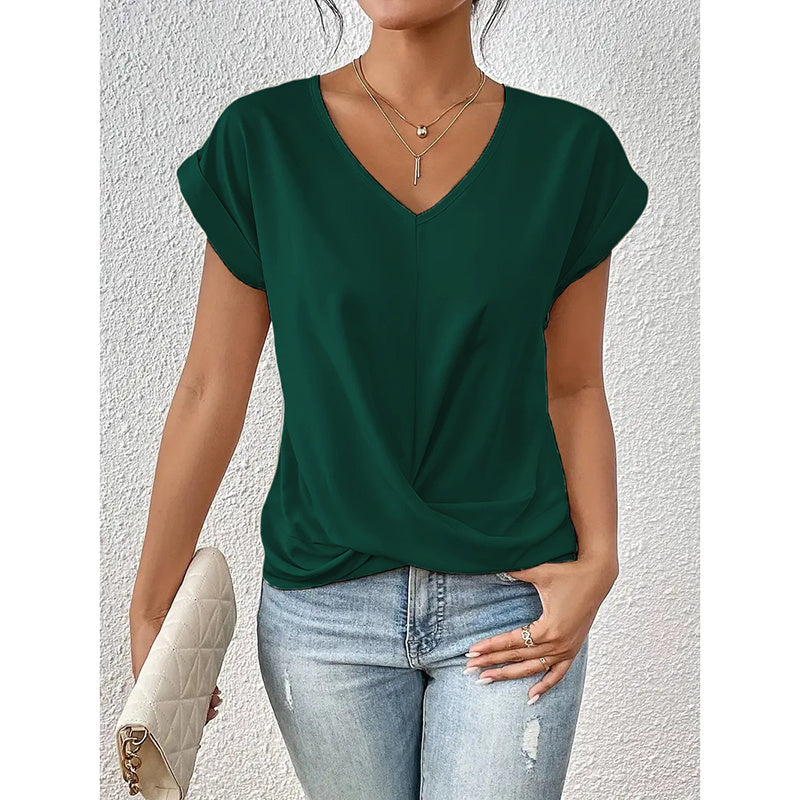 Women Comfy Casual Summer Tops Short Sleeve V Neck Blouses T Shirts Twist Knot Basic Tees