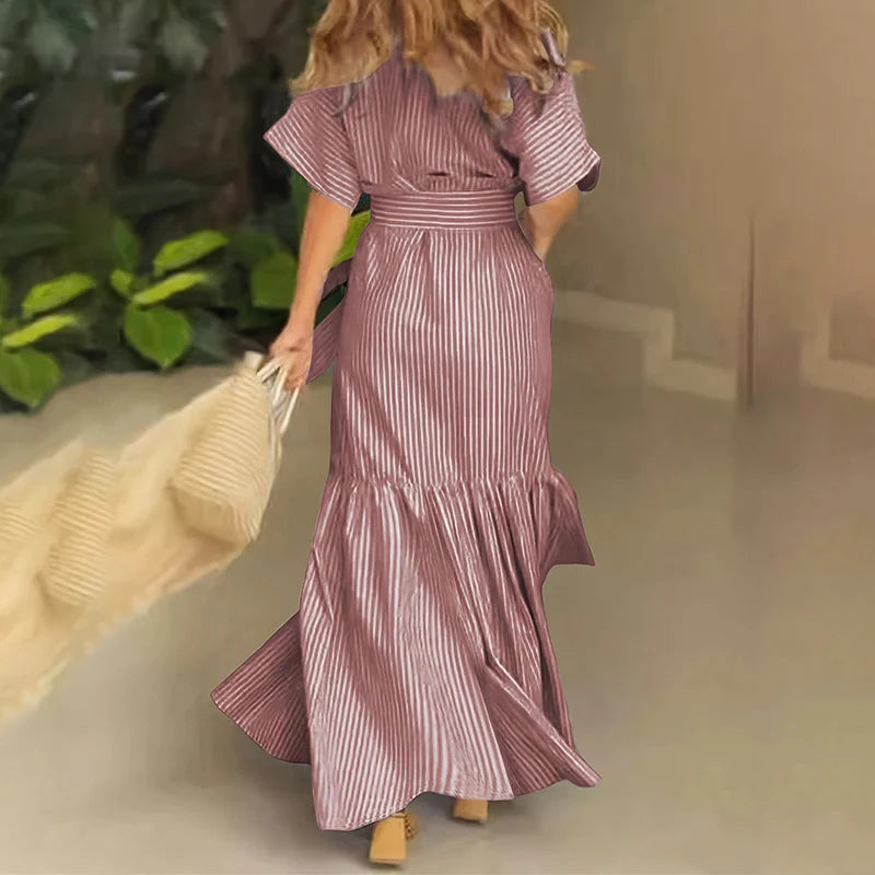 Women Summer Casual Striped Button down Maxi Dress Tie Waist Short Sleeve Shirt Dress with Pockets