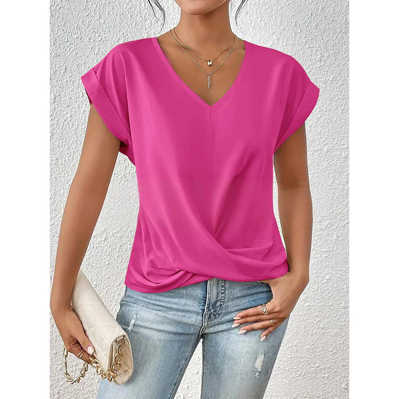 Women Comfy Casual Summer Tops Short Sleeve V Neck Blouses T Shirts Twist Knot Basic Tees