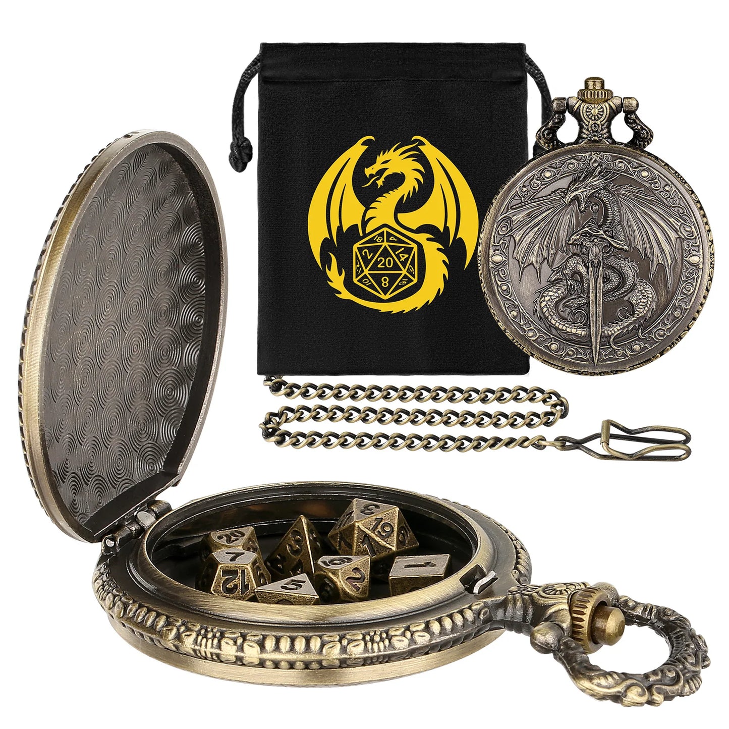DND Style Mythical Winged Beast Sword Holding Relief Case, Retro Dice Storage Set, Desktop RPG Fantasy Accessories, High Quality Zinc Alloy DND Dice Suitable for Desktop RPG and Board Games