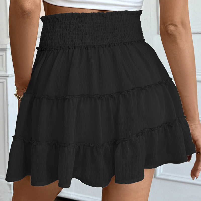 Women Comfortable Casual Solid Color Elastic Waist Pleated Ruffle Skirt
