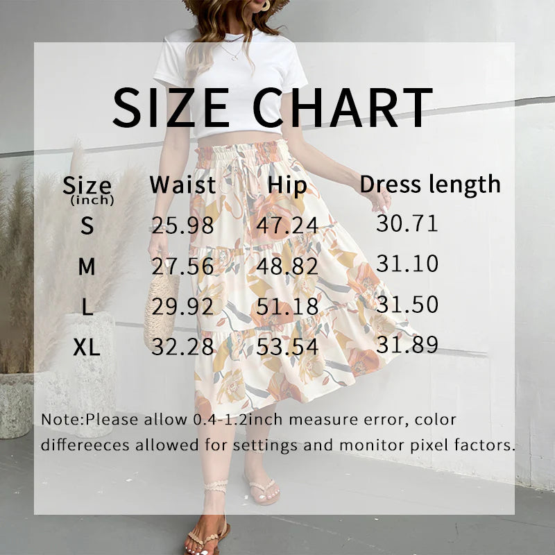 Women Floral Tiered Midi Skirt Elastic Waist Dressy Casual A-Line Flowy Boho Skirts