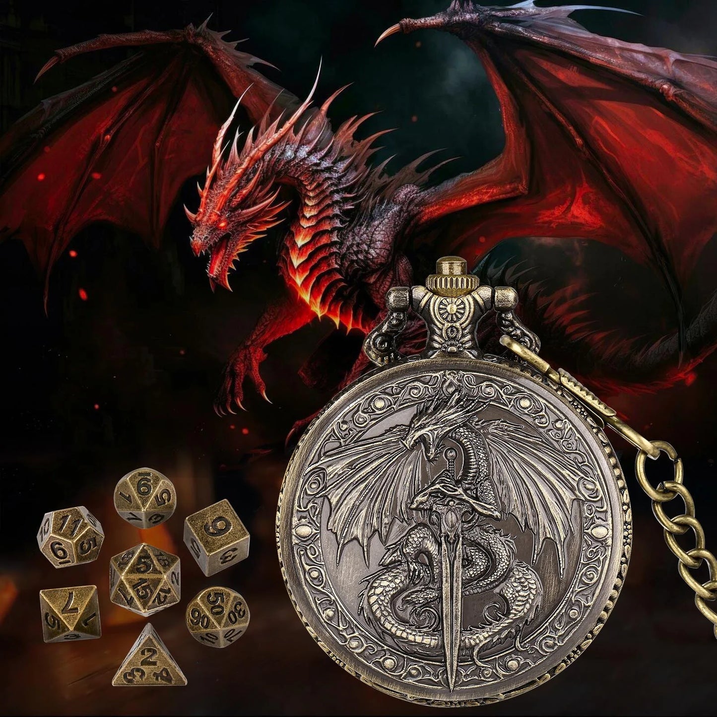 DND Style Mythical Winged Beast Sword Holding Relief Case, Retro Dice Storage Set, Desktop RPG Fantasy Accessories, High Quality Zinc Alloy DND Dice Suitable for Desktop RPG and Board Games