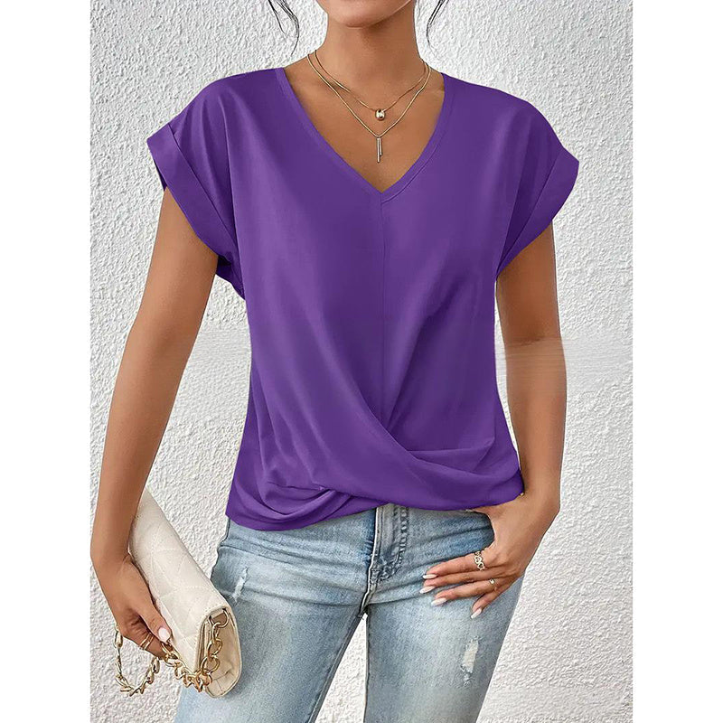Women Comfy Casual Summer Tops Short Sleeve V Neck Blouses T Shirts Twist Knot Basic Tees