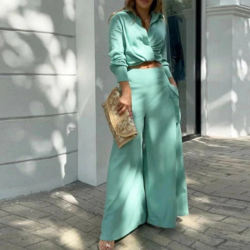 Women Elegant Casual Cross Detail Top and Wide Leg Pants Set with Pockets