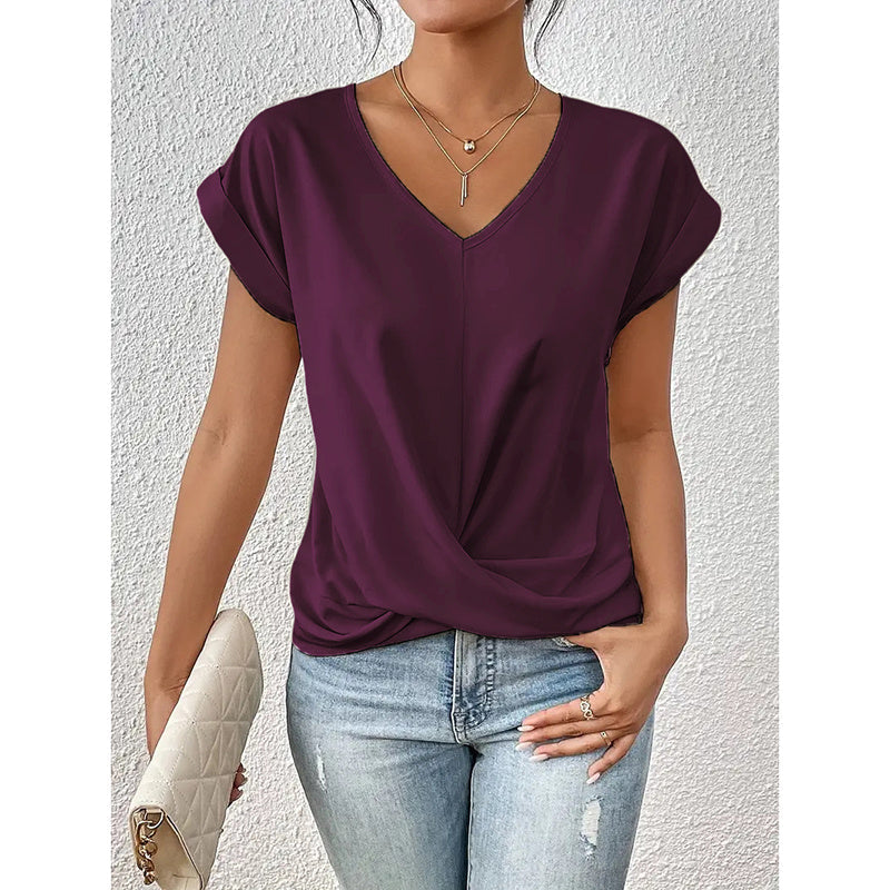Women Comfy Casual Summer Tops Short Sleeve V Neck Blouses T Shirts Twist Knot Basic Tees