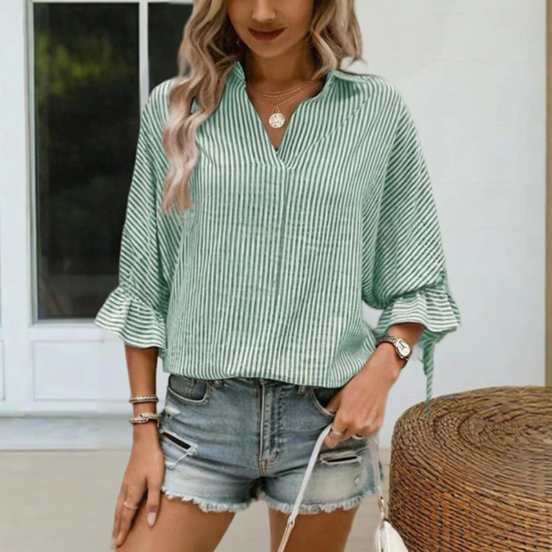 Women V-Neck Striped Shirt with Ruffled Cuffs, Tie and Back Slits