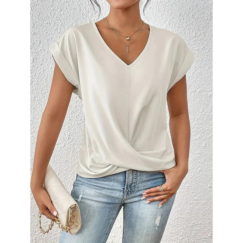 Women Comfy Casual Summer Tops Short Sleeve V Neck Blouses T Shirts Twist Knot Basic Tees