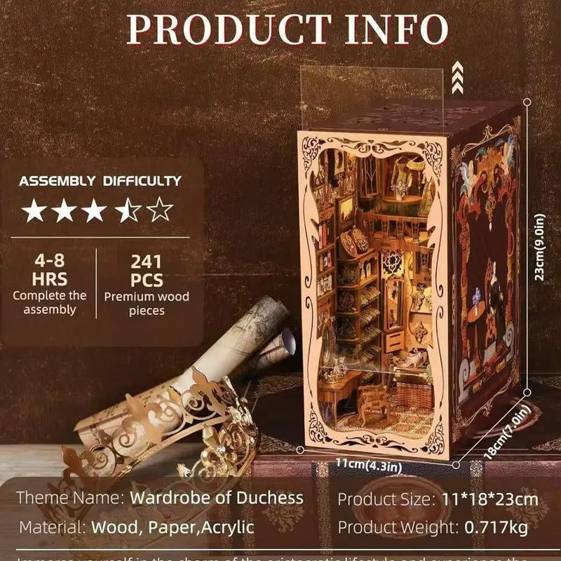 Duchess Cloakroom Book Corner Kit Homemade Miniature Dollhouse 3D Wooden Puzzle Bookshelf Insert Decoration with LED Light Craft Kit