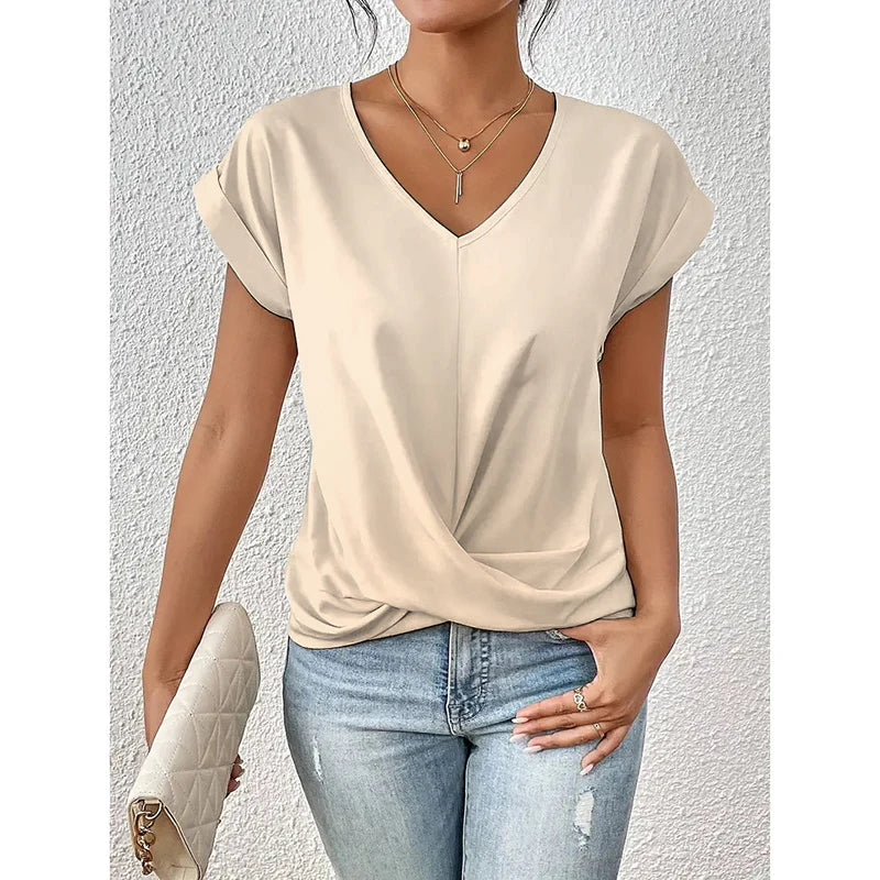 Women Comfy Casual Summer Tops Short Sleeve V Neck Blouses T Shirts Twist Knot Basic Tees