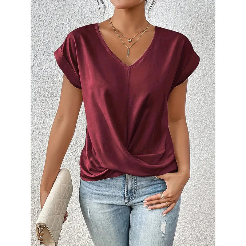 Women Comfy Casual Summer Tops Short Sleeve V Neck Blouses T Shirts Twist Knot Basic Tees