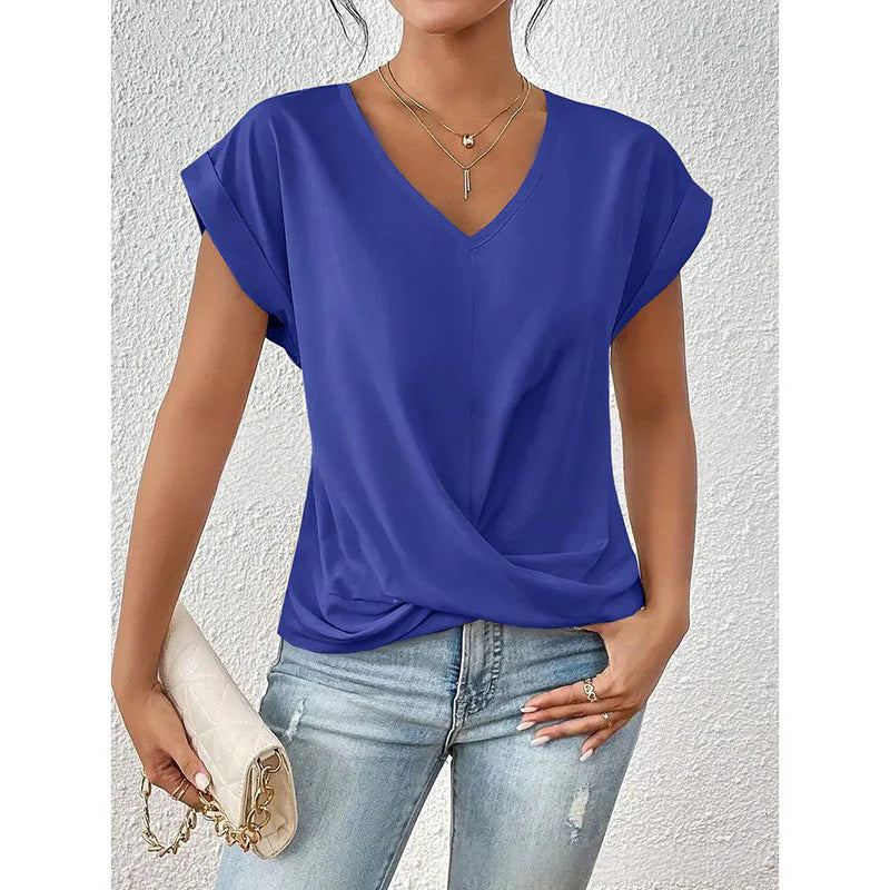 Women Comfy Casual Summer Tops Short Sleeve V Neck Blouses T Shirts Twist Knot Basic Tees