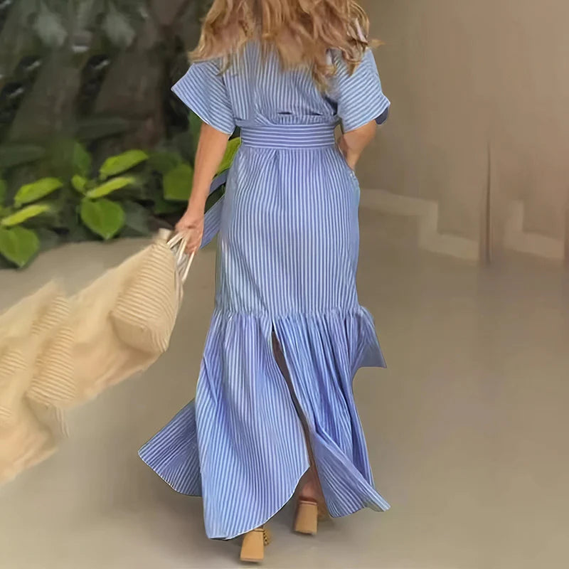 Women Summer Casual Striped Button down Maxi Dress Tie Waist Short Sleeve Shirt Dress with Pockets
