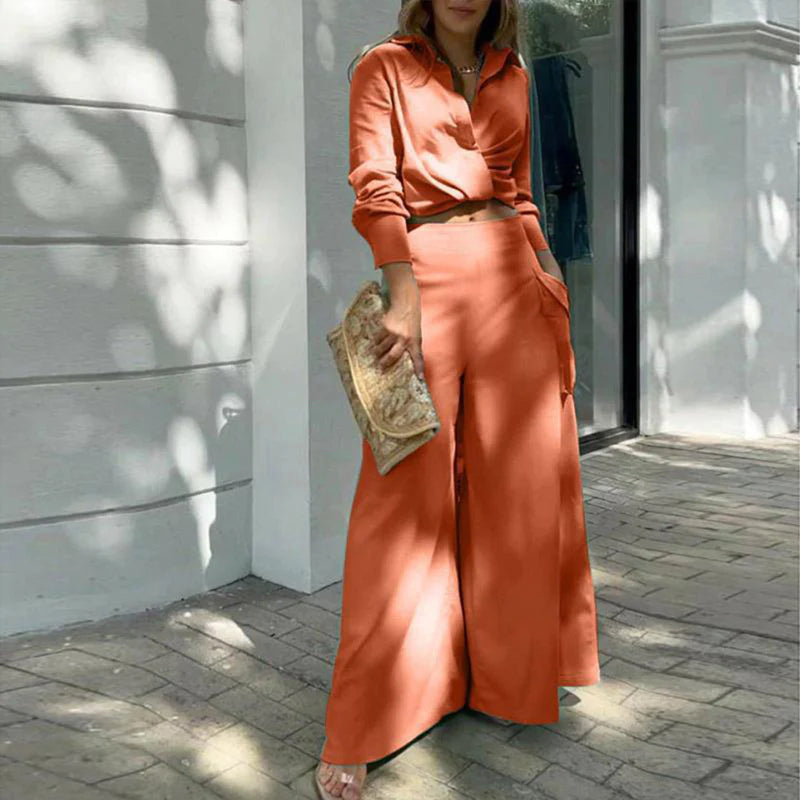 Women Elegant Casual Cross Detail Top and Wide Leg Pants Set with Pockets
