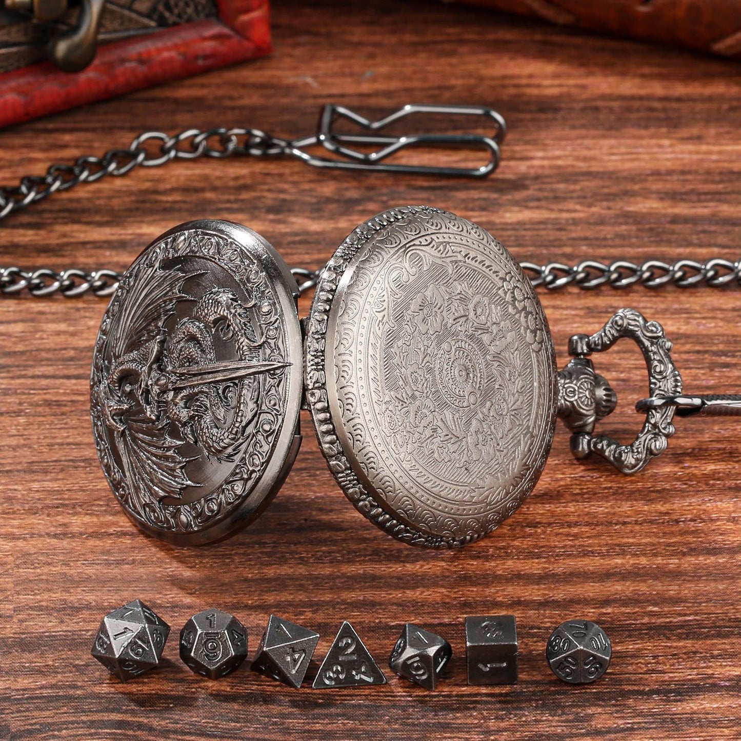 DND Style Mythical Winged Beast Sword Holding Relief Case, Retro Dice Storage Set, Desktop RPG Fantasy Accessories, High Quality Zinc Alloy DND Dice Suitable for Desktop RPG and Board Games