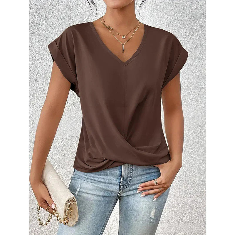 Women Comfy Casual Summer Tops Short Sleeve V Neck Blouses T Shirts Twist Knot Basic Tees