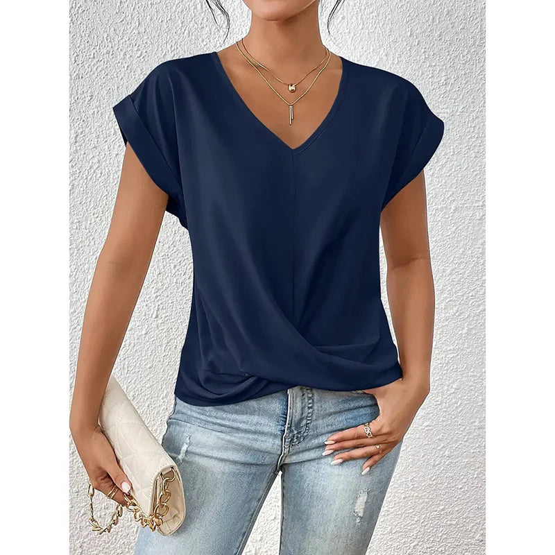 Women Comfy Casual Summer Tops Short Sleeve V Neck Blouses T Shirts Twist Knot Basic Tees