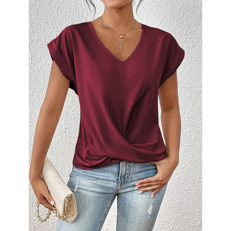 Women Comfy Casual Summer Tops Short Sleeve V Neck Blouses T Shirts Twist Knot Basic Tees