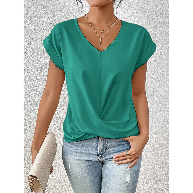 Women Comfy Casual Summer Tops Short Sleeve V Neck Blouses T Shirts Twist Knot Basic Tees