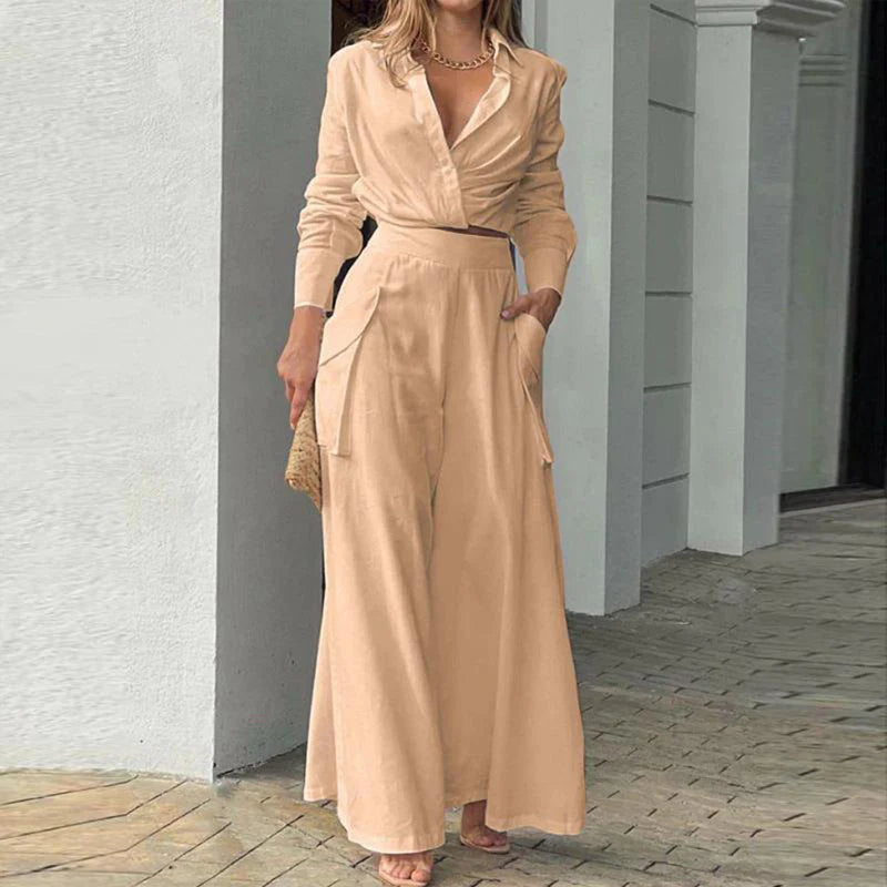 Women Elegant Casual Cross Detail Top and Wide Leg Pants Set with Pockets