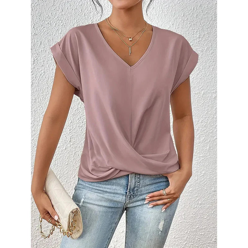 Women Comfy Casual Summer Tops Short Sleeve V Neck Blouses T Shirts Twist Knot Basic Tees