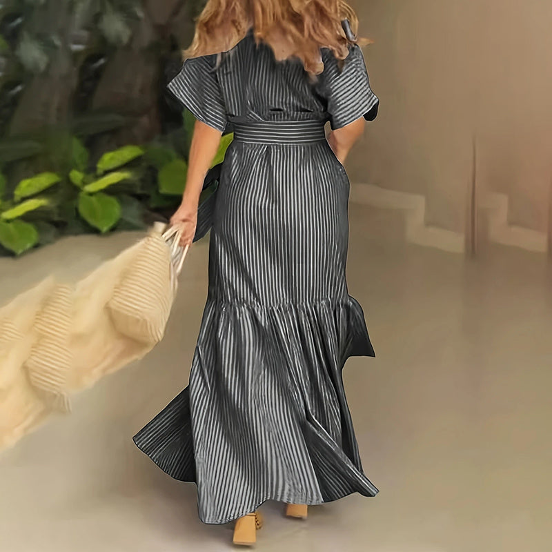 Women Summer Casual Striped Button down Maxi Dress Tie Waist Short Sleeve Shirt Dress with Pockets