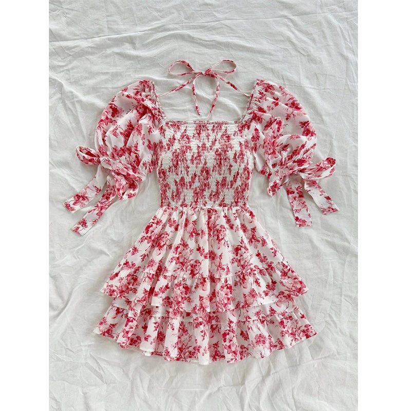 Women Puff Sleeve Square Neck Ruched Bohemian Floral Print off Shoulder Ruffle Dress