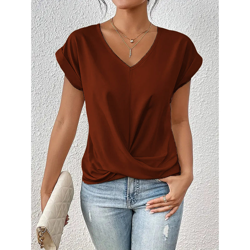 Women Comfy Casual Summer Tops Short Sleeve V Neck Blouses T Shirts Twist Knot Basic Tees