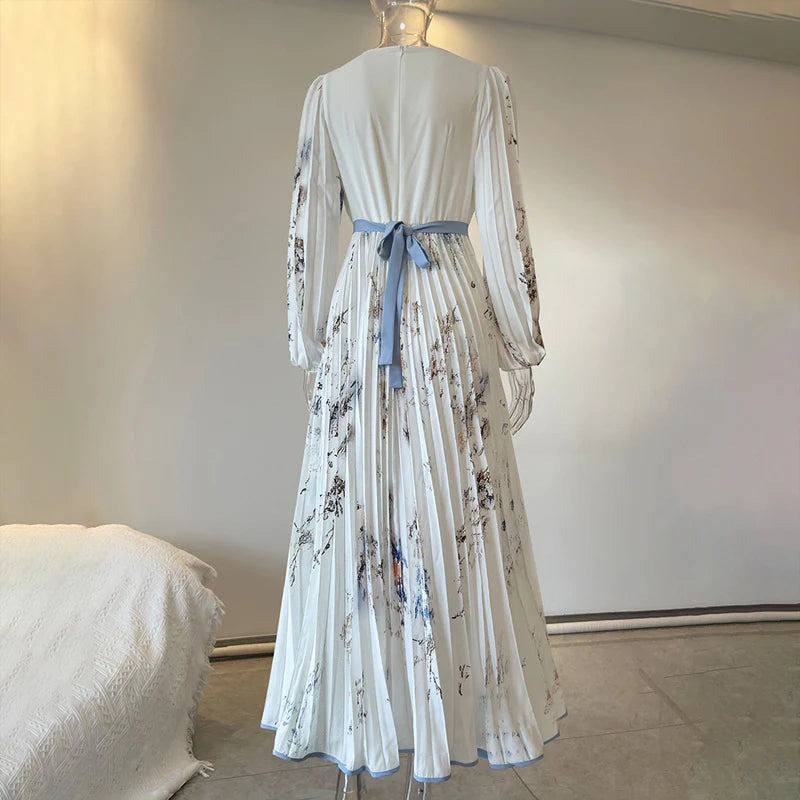 Women Floral Print V-Neck Long Sleeve A-Line Flowy Ruffle Maxi Dress