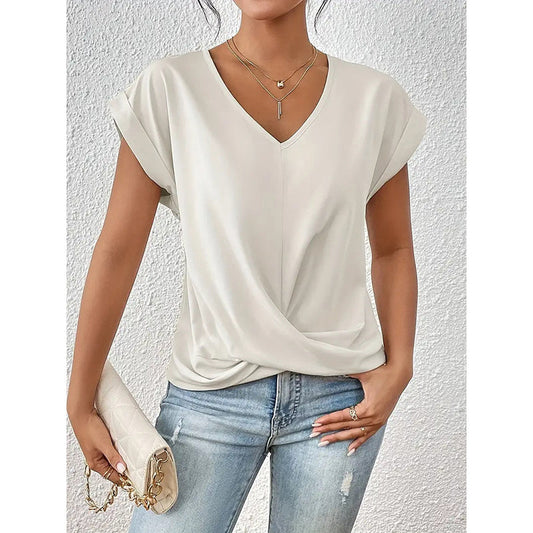 Women Comfy Casual Summer Tops Short Sleeve V Neck Blouses T Shirts Twist Knot Basic Tees