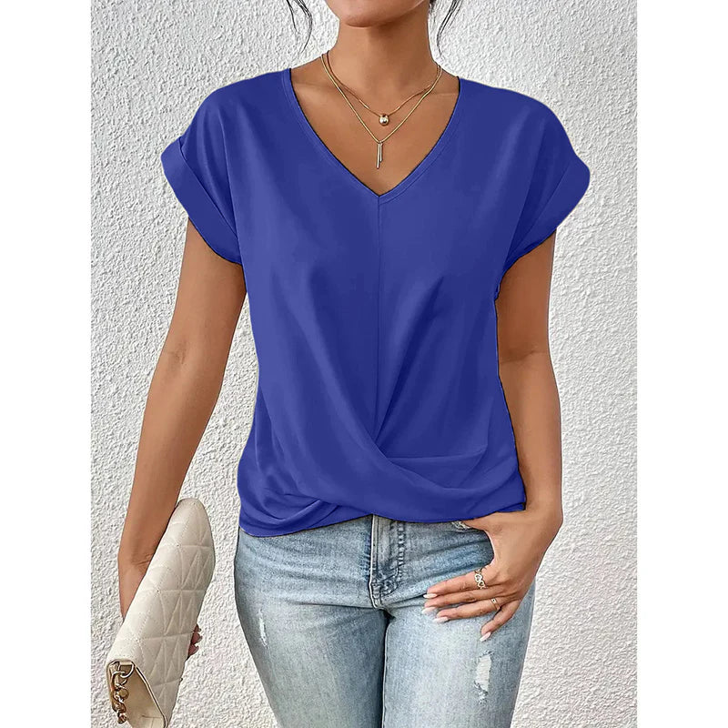 Women Comfy Casual Summer Tops Short Sleeve V Neck Blouses T Shirts Twist Knot Basic Tees