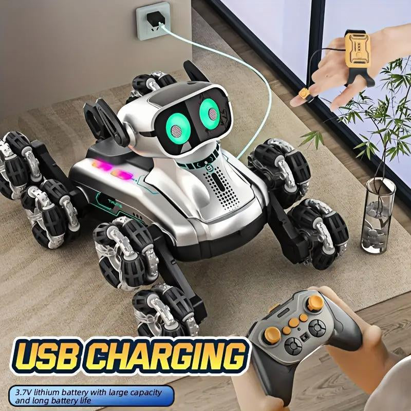 Silver Eight-Wheeled Stunt Dual Remote Control Robot Dog