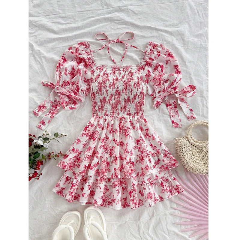 Women Puff Sleeve Square Neck Ruched Bohemian Floral Print off Shoulder Ruffle Dress