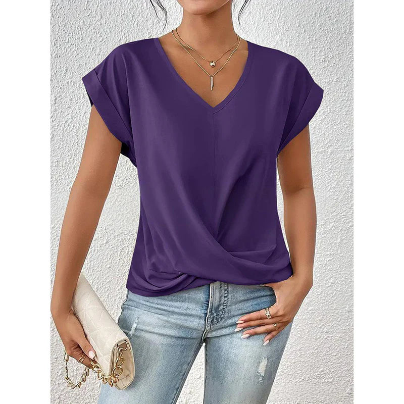 Women Comfy Casual Summer Tops Short Sleeve V Neck Blouses T Shirts Twist Knot Basic Tees