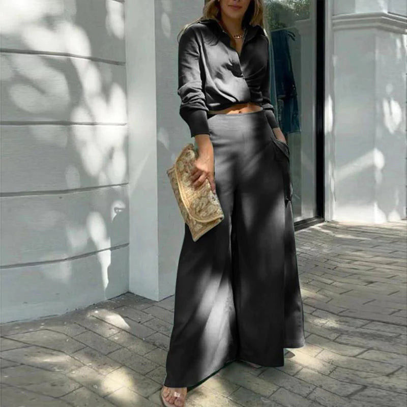 Women Elegant Casual Cross Detail Top and Wide Leg Pants Set with Pockets