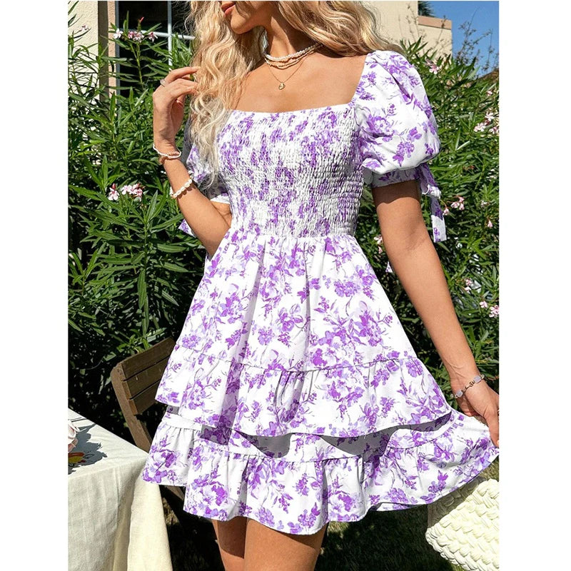 Women Puff Sleeve Square Neck Ruched Bohemian Floral Print off Shoulder Ruffle Dress