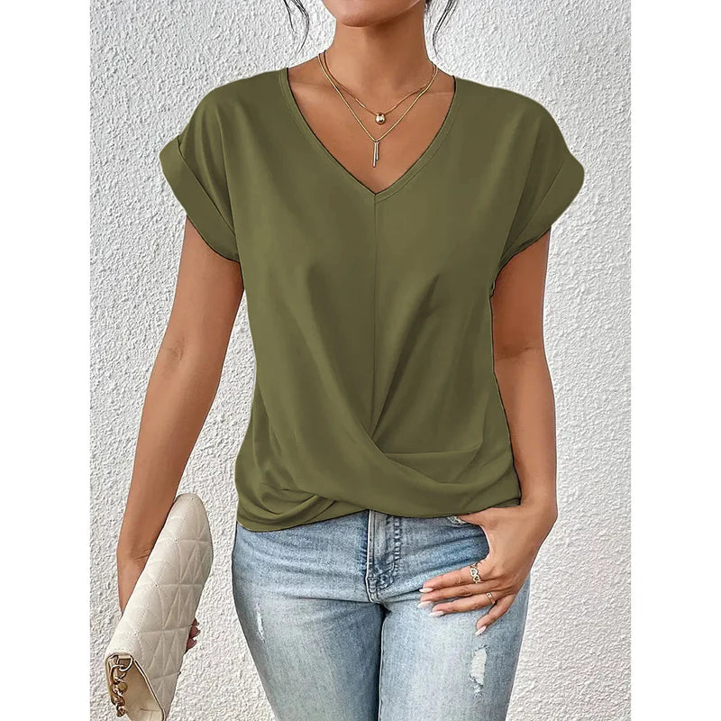 Women Comfy Casual Summer Tops Short Sleeve V Neck Blouses T Shirts Twist Knot Basic Tees