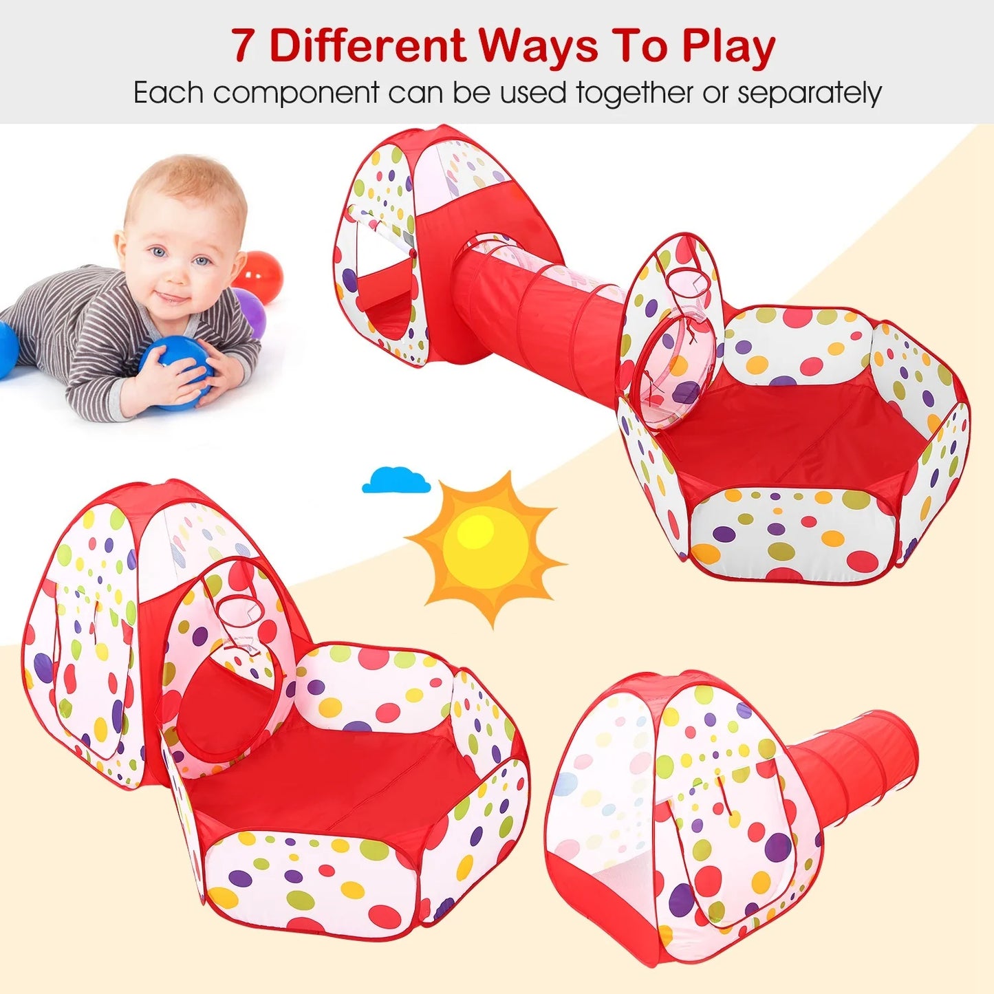 3 in 1 Child Crawl Tunnel Tent Kids Play Tent with Storage Bag for Indoor Outdoor Travel Balls Not Included