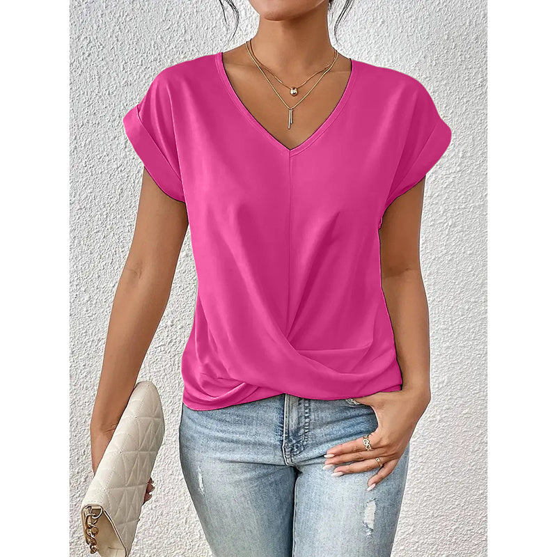Women Comfy Casual Summer Tops Short Sleeve V Neck Blouses T Shirts Twist Knot Basic Tees