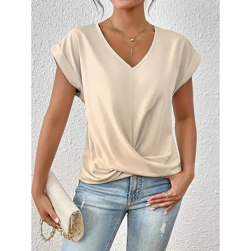 Women Comfy Casual Summer Tops Short Sleeve V Neck Blouses T Shirts Twist Knot Basic Tees