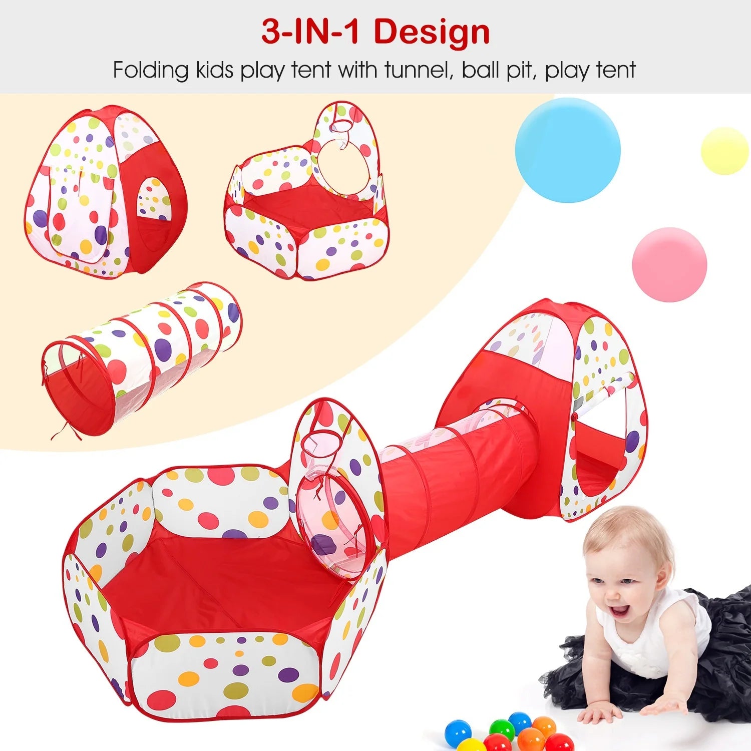3 in 1 Child Crawl Tunnel Tent Kids Play Tent with Storage Bag for Indoor Outdoor Travel Balls Not Included