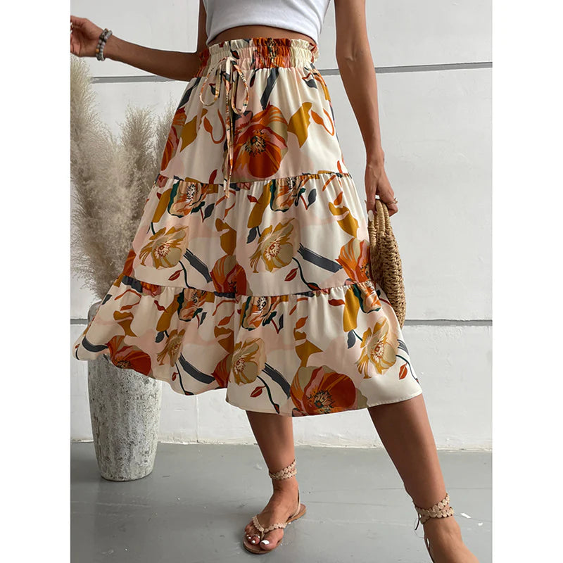 Women Floral Tiered Midi Skirt Elastic Waist Dressy Casual A-Line Flowy Boho Skirts