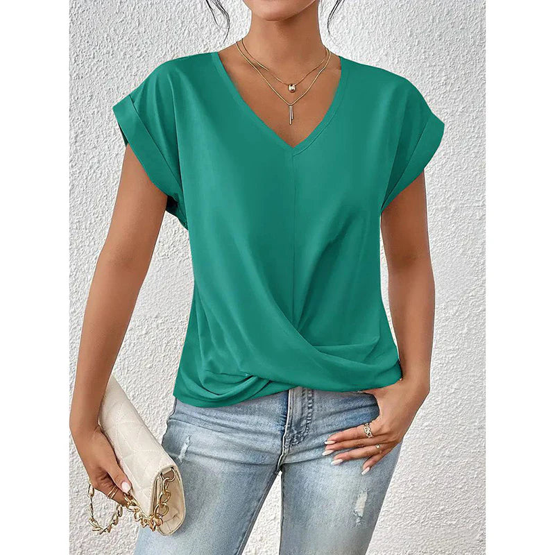 Women Comfy Casual Summer Tops Short Sleeve V Neck Blouses T Shirts Twist Knot Basic Tees