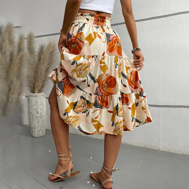 Women Floral Tiered Midi Skirt Elastic Waist Dressy Casual A-Line Flowy Boho Skirts