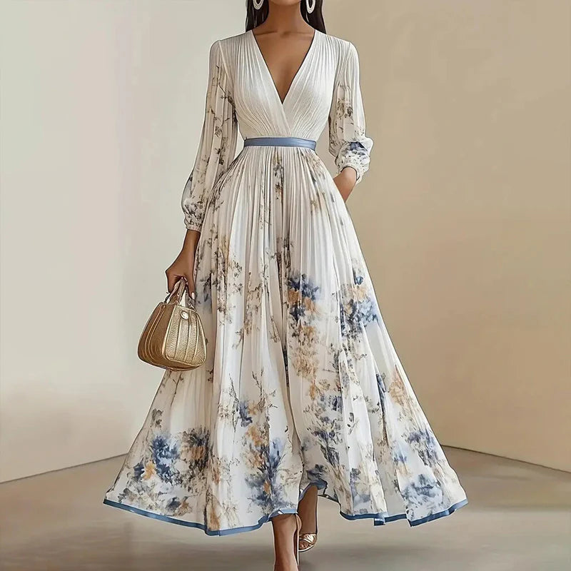 Women Floral Print V-Neck Long Sleeve A-Line Flowy Ruffle Maxi Dress