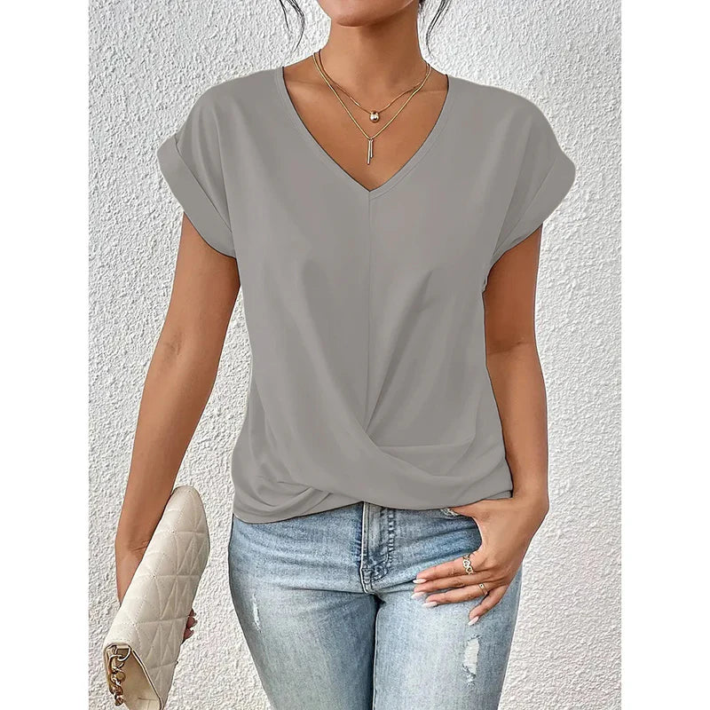 Women Comfy Casual Summer Tops Short Sleeve V Neck Blouses T Shirts Twist Knot Basic Tees