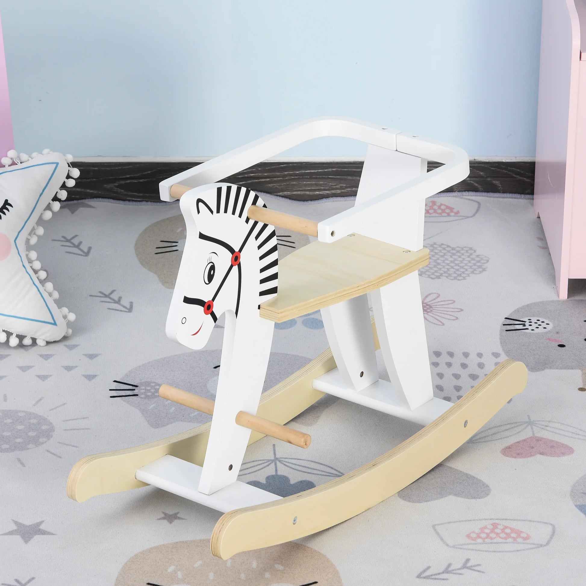 Wooden Rocking Horse, Classic Toddler Ride-On Toy with Safety Bar, Suitable for Children Aged 1-3