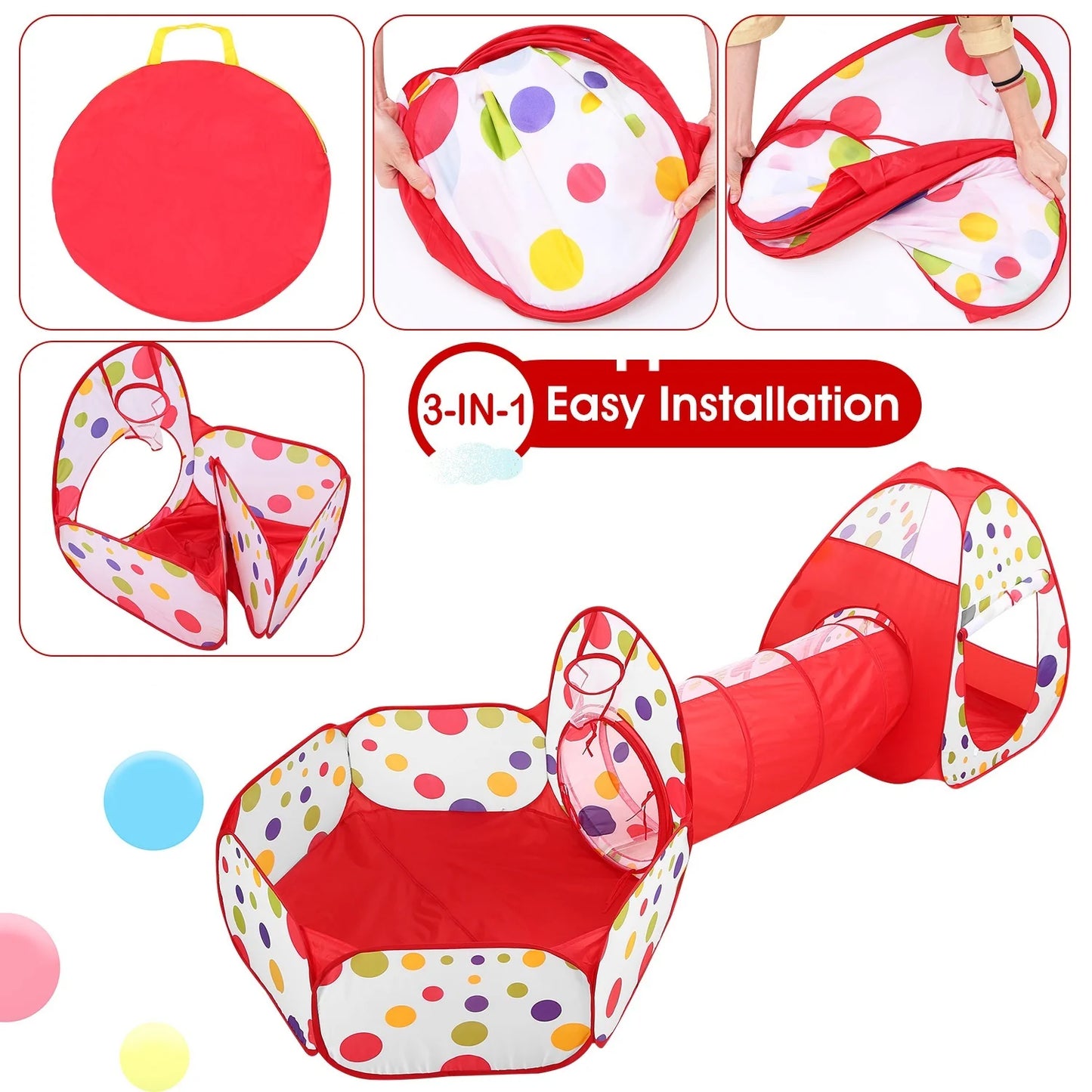 3 in 1 Child Crawl Tunnel Tent Kids Play Tent with Storage Bag for Indoor Outdoor Travel Balls Not Included